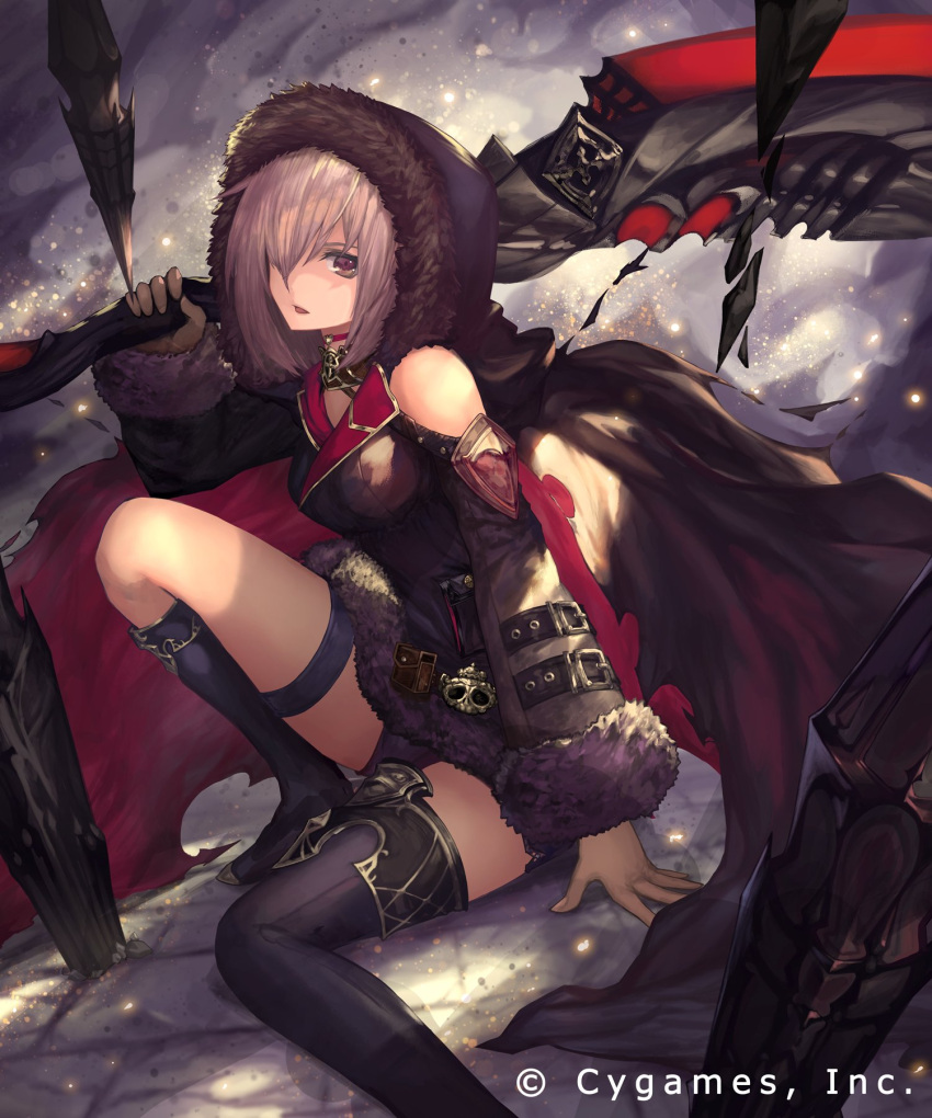 1girl asymmetrical_legwear black_cape black_footwear black_shorts boots brown_eyes brown_gloves cape clothing_cutout cygames gloves highres holding holding_weapon hood hood_up hooded knee_boots looking_at_viewer medium_hair open_mouth shadowverse shingeki_no_bahamut short_shorts shorts shoulder_cutout silver_hair sitting solo tachikawa_mushimaro thigh-highs thigh_boots thigh_strap weapon wizardess_of_oz