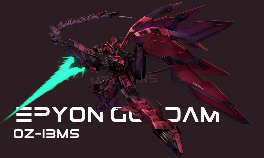 absurdres beam_saber brayanong999 character_name commission english_commentary glowing glowing_eye green_eyes gundam gundam_epyon gundam_wing gundam_wing_endless_waltz highres holding holding_sword holding_weapon mecha mechanical_wings mobile_suit purple_background science_fiction solo sword v-fin weapon whip_sword wings