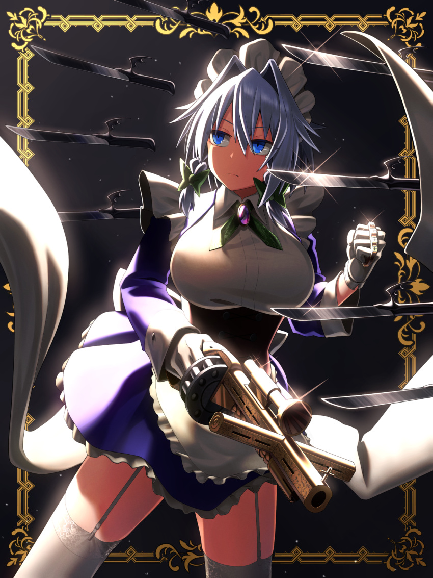 1girl apron back_bow bangs blue_dress blue_eyes bow braid brass_knuckles clenched_hand closed_mouth collared_shirt commentary_request crossbow dress floating frown garter_straps green_bow greenkohgen grey_hair hair_bow hair_intakes highres holding holding_weapon izayoi_sakuya knife levitation long_sleeves looking_to_the_side maid maid_apron maid_headdress partial_commentary puffy_short_sleeves puffy_sleeves scope shirt short_hair short_sleeves side_braid solo sparkle standing thigh-highs touhou twin_braids weapon