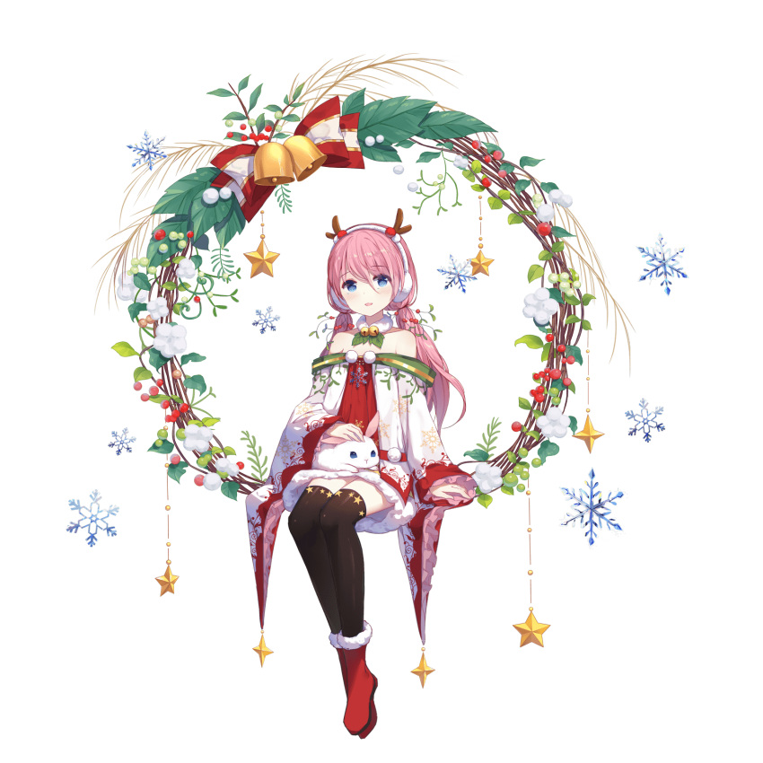 1girl :d animal_ears animal_on_lap antlers ark_order bangs bell blue_eyes boots coat dress earmuffs fake_animal_ears fake_antlers frilled_sleeves frills fur-trimmed_boots fur-trimmed_dress fur_trim highres holly jingle_bell long_hair long_sleeves looking_at_viewer low_twintails official_art open_mouth petting pink_hair rabbit red_dress red_footwear reindeer_antlers smile snowflake_print snowflakes solo star_(symbol) star_print tachi-e thigh-highs twintails very_long_hair white_coat yue_yue yuki_onna_(ark_order)