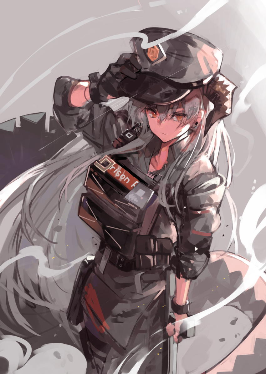 1girl absurdres adjusting_clothes adjusting_headwear arknights bangs baton_(weapon) black_gloves black_headwear black_pants black_shirt bracer closed_mouth collared_shirt commentary cowboy_shot debris dokuro_deluxe dragon_horns dust english_commentary frown gloves grey_background hair_between_eyes hand_up hat highres horns id_card long_hair looking_at_viewer official_alternate_costume orange_eyes pants plate_carrier police_hat saria_(arknights) saria_(the_law)_(arknights) shirt silver_hair single_glove sleeves_rolled_up smoke solo walkie-talkie weapon