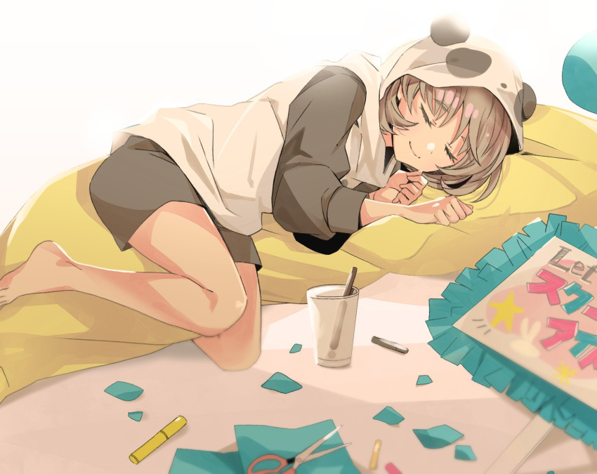 1girl animal_ears ascii_media_works bushiroad cute grey_hair grey_shorts highres love_live! love_live!_superstar!! lying on_side pajamas panda panda_ears scissors shiny shiny_hair short_hair shorts sleeping solo sunrise_(studio) tang_keke ten733ten