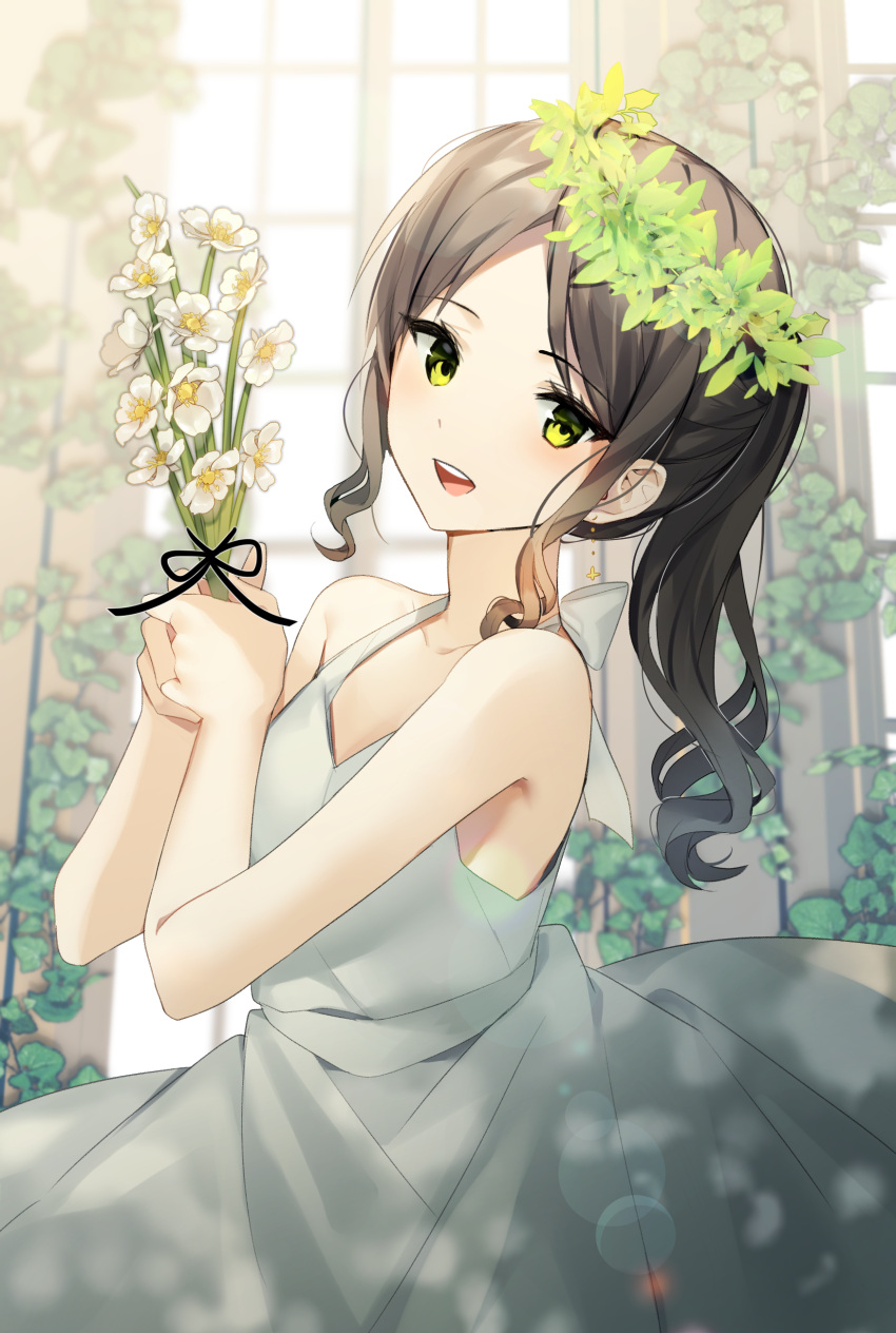 1girl absurdres bare_shoulders black_ribbon blush bouquet brown_hair commentary_request dress eyebrows_visible_through_hair flower hair_flower hair_ornament hands_up highres holding holding_bouquet lens_flare long_hair looking_at_viewer open_mouth original ribbon shadow smile solo sunlight upper_body upper_teeth white_dress white_flower yellow_eyes yuhi_(hssh_6)