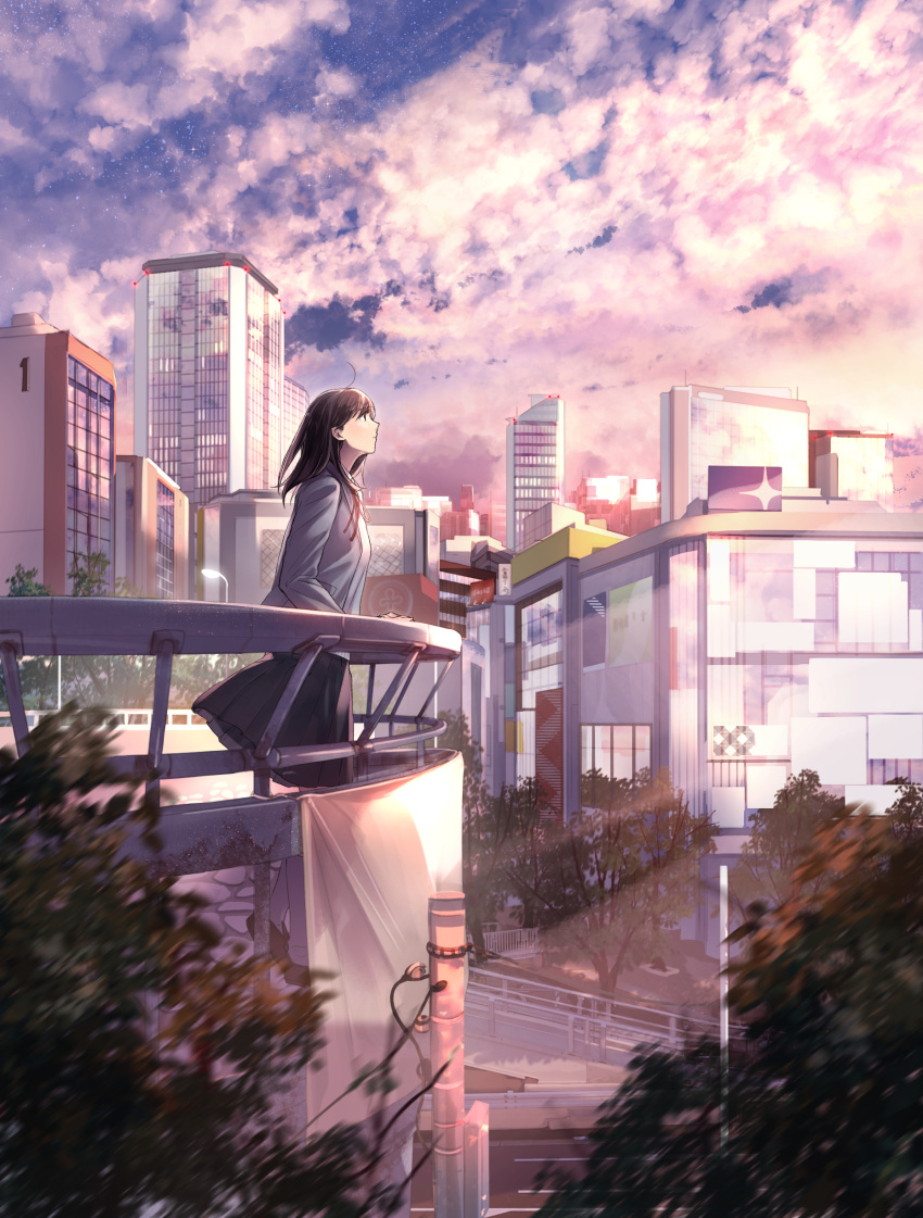 1girl absurdres ahoge bangs black_skirt blurry blurry_foreground brown_hair building city cityscape clouds cloudy_sky commentary_request full_body grey_jacket highres jacket long_hair long_sleeves looking_afar looking_up maeda_mic neck_ribbon original outdoors parted_lips power_lines red_neckwear ribbon skirt sky skyscraper solo standing sunlight tree utility_pole