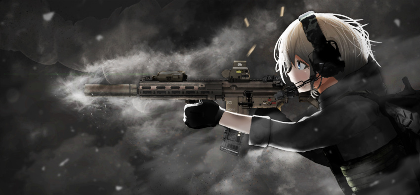 1girl assault_rifle backpack bag black_gloves call_of_duty casing_ejection commentary_request ear_protection firing from_side gloves grey_hair gun h&amp;k_hk416 headset highres holding holding_gun holding_weapon hood hood_down laser_beam laser_sight military_operator original rifle shell_casing short_hair sleeves_rolled_up smoke solo suppressor weapon ylmi
