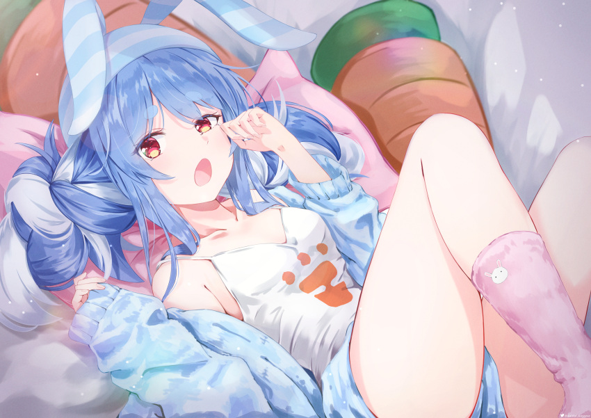 1girl absurdres alternate_costume animal_ears blue_hair blue_jacket braid breasts camisole daidai_(daidai826) highres hikimayu hololive jacket long_hair looking_at_viewer loungewear lying multicolored_hair on_back on_bed open_mouth pajamas rabbit_ears red_eyes rubbing_eyes short_eyebrows shorts small_breasts solo spaghetti_strap thick_eyebrows thighs twin_braids twintails two-tone_hair usada_pekora virtual_youtuber waking_up white_hair yawning