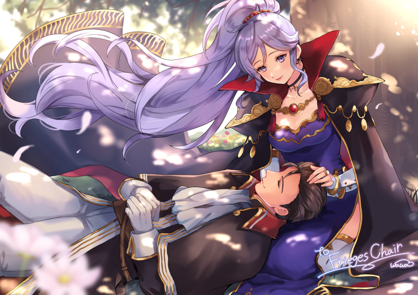 1boy 1girl absurdres artist_name black_hair breasts choker commission commissioner_upload couple cravat fire_emblem fire_emblem:_genealogy_of_the_holy_war fire_emblem:_thracia_776 fire_emblem_heroes gloves hair_ornament hand_in_hair highres jewelry lap_pillow long_hair looking_at_another md5_mismatch necklace purple_hair reinhardt_(fire_emblem) resolution_mismatch scenery skeb_commission sleeping smile source_smaller tree violet_eyes watermark wawatiku