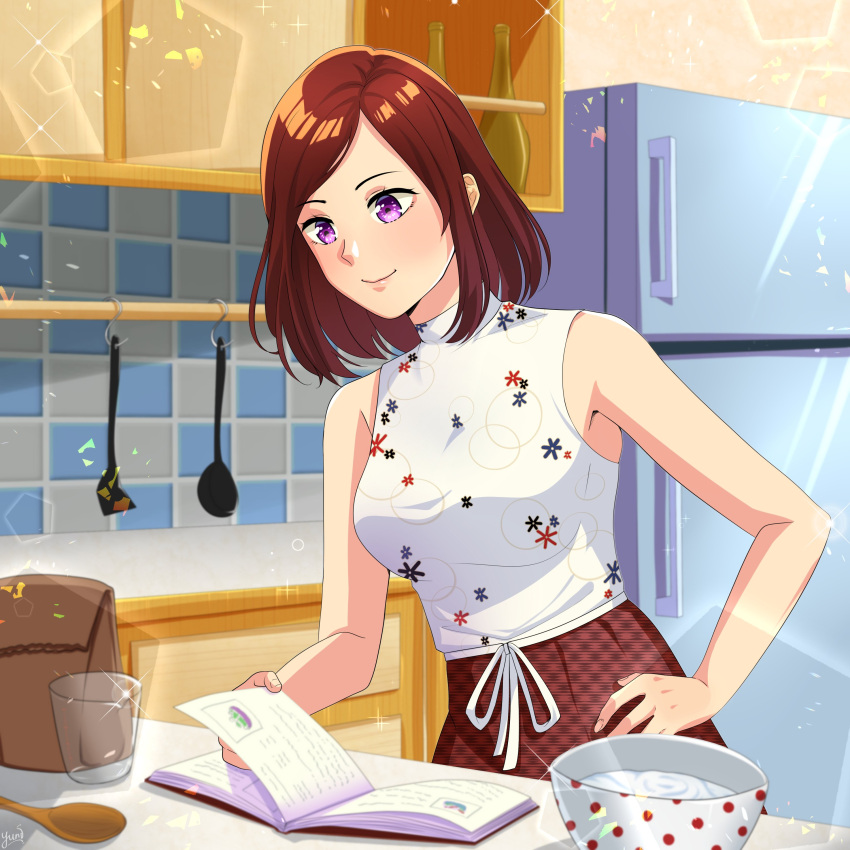 1girl absurdres bowl breasts commission cooking english_commentary hair_behind_ear hand_on_hip highres indie_virtual_youtuber izy_cuisine kitchen medium_breasts redhead refrigerator second-party_source shirt sleeveless sleeveless_shirt smile solo spoon violet_eyes virtual_youtuber white_shirt yunii@