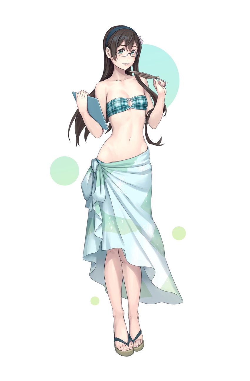 1girl alternate_costume bangs bare_arms bare_shoulders bikini bikini_top black_hair blush breasts clipboard collarbone commentary_request eyebrows_visible_through_hair flower full_body glasses green_eyes hair_flower hair_ornament hairband highres kantai_collection long_hair looking_at_viewer navel ooyodo_(kancolle) quill ribbon sandals sarong semi-rimless_eyewear simple_background small_breasts smile solo standing strapless swimsuit under-rim_eyewear white_background yuuji_(and)