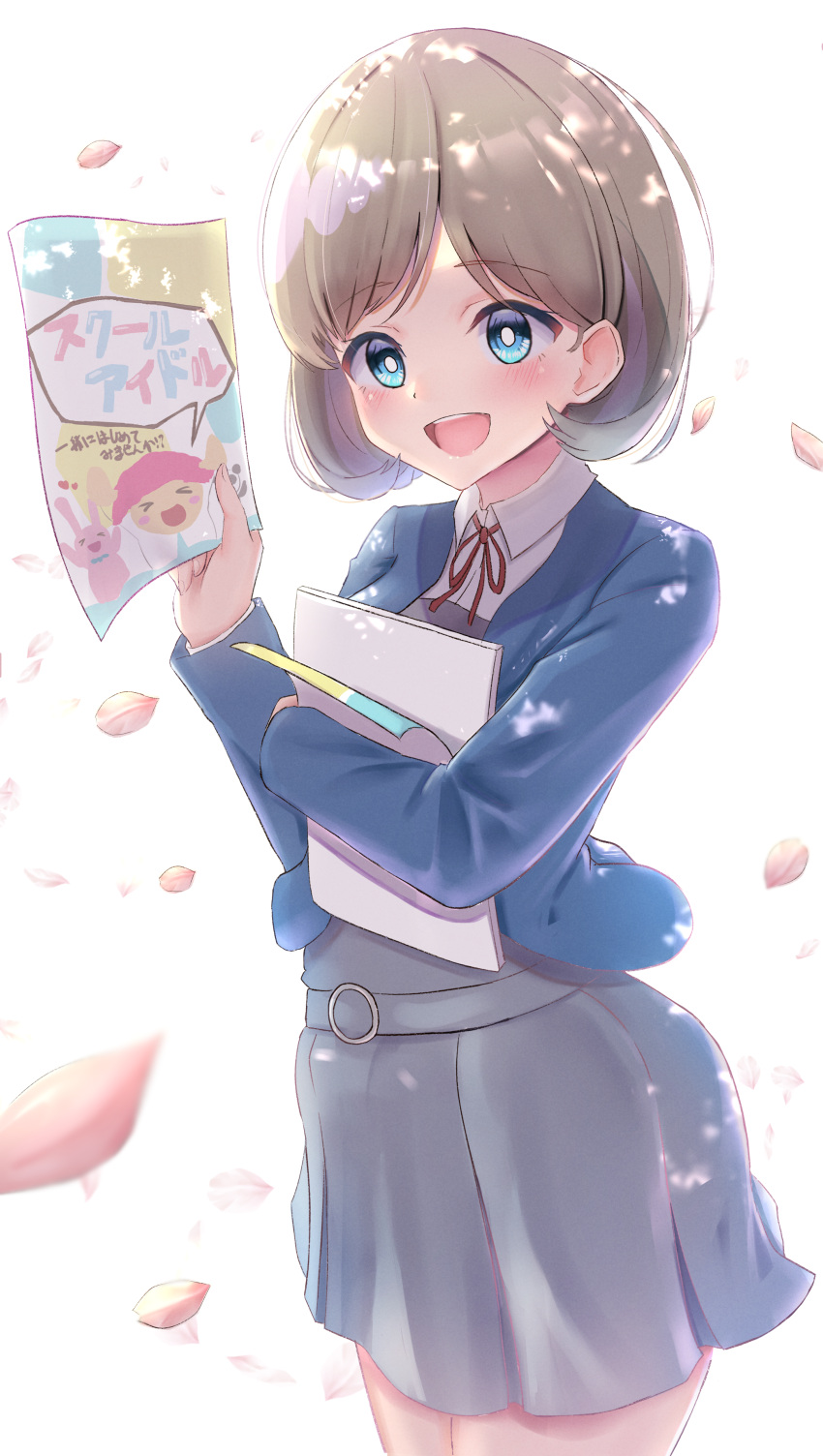 1girl :d absurdres bangs blue_eyes blue_jacket blush collared_shirt dress eyebrows_visible_through_hair flyers grey_dress grey_hair highres holding holding_paper jacket long_sleeves looking_at_viewer love_live! love_live!_superstar!! neck_ribbon open_mouth panaham paper petals pinafore_dress red_neckwear red_ribbon ribbon school_uniform shirt short_hair simple_background smile solo tang_keke uniform upper_teeth white_background