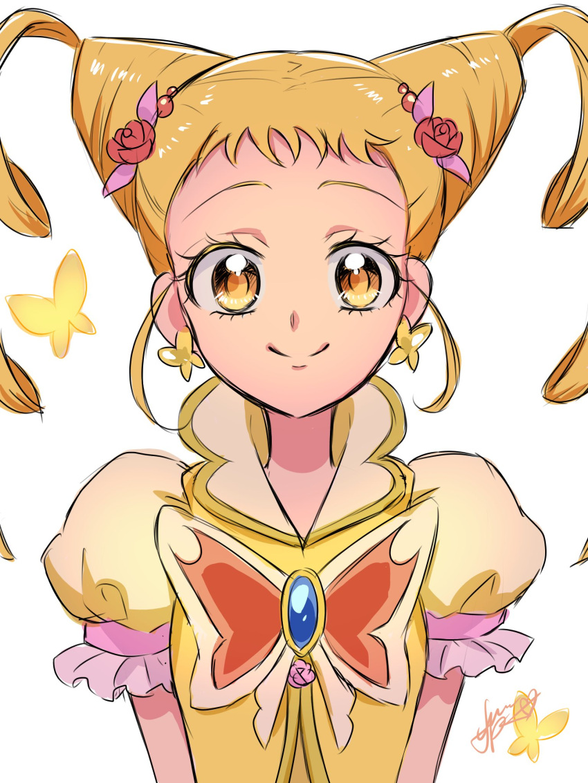 1girl artist_name blonde_hair commentary_request cure_lemonade drill_locks earrings eyelashes flower fpminnie1 hair_flower hair_ornament happy highres jewelry kasugano_urara_(yes!_precure_5) long_hair looking_at_viewer magical_girl precure puffy_short_sleeves puffy_sleeves ribbon shirt short_sleeves signature simple_background sketch smile solo twintails vest white_background yellow_eyes yes!_precure_5 yes!_precure_5_gogo!