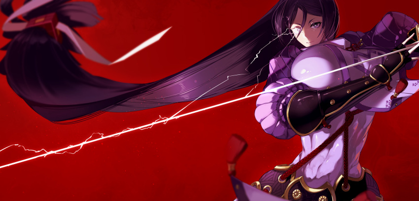 1girl abs armor bangs black_gloves bodysuit breasts covered_navel elbow_gloves fate/grand_order fate_(series) fingerless_gloves gloves highres huge_breasts japanese_armor katana kote long_hair looking_at_viewer minamoto_no_raikou_(fate) parted_bangs pelvic_curtain purple_bodysuit purple_hair red_background ribbed_sleeves rope sword tabard tassel ub1mo very_long_hair violet_eyes weapon