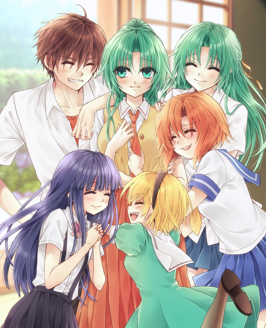 1boy 5girls :d ^_^ absurdres arm_grab bangs black_skirt blonde_hair blue_hair blue_sailor_collar blue_skirt blunt_bangs blurry blurry_background blush brown_footwear brown_hair closed_eyes closed_mouth collarbone collared_shirt day dress dress_shirt floating_hair friends furude_rika green_dress green_hair grin hand_on_another's_shoulder highres higurashi_no_naku_koro_ni houjou_satoko leg_up long_hair long_skirt looking_to_the_side maebara_keiichi maimaimaiko105 multiple_girls necktie necktie_grab neckwear_grab open_mouth pink_neckwear pleated_skirt red_neckwear red_skirt ryuuguu_rena sailor_collar sailor_dress sailor_shirt school_uniform serafuku shiny shiny_hair shirt short_hair short_sleeves skirt smile sonozaki_mion sonozaki_shion st._lucia_academy_school_uniform straight_hair suspender_skirt suspenders very_long_hair white_shirt wing_collar