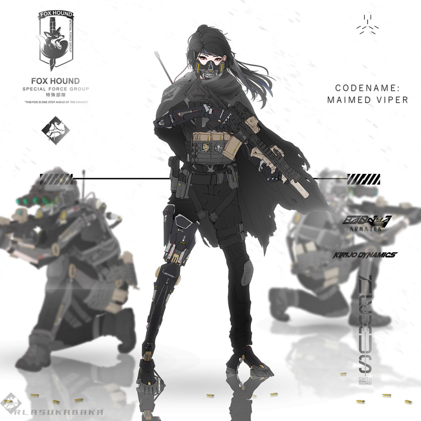 1girl 2boys ammunition_pouch android assault_rifle asukabaka2 bangs black_hair blurry blurry_background cape cyberpunk gun hair_between_eyes hat holding holding_gun holding_weapon kneeling long_hair looking_at_viewer m4_carbine mask mecha metal_gear_(series) metal_gear_solid military military_hat military_uniform multiple_boys night_vision original ponytail pouch rifle standing torn_cape torn_clothes uniform violet_eyes weapon