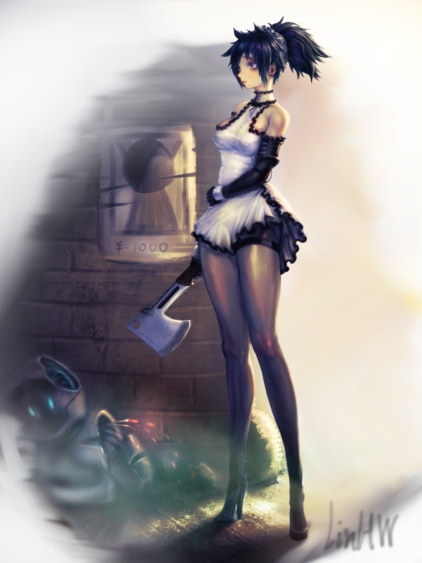 absurdres arm_across_waist axe black_gloves black_hair breasts broken brown_legwear dress elbow_gloves gloves high_heels highres holding holding_weapon linhw long_legs original outdoors pantyhose ponytail robot short_hair sidelocks small_breasts spiky_hair standing violet_eyes wanted weapon