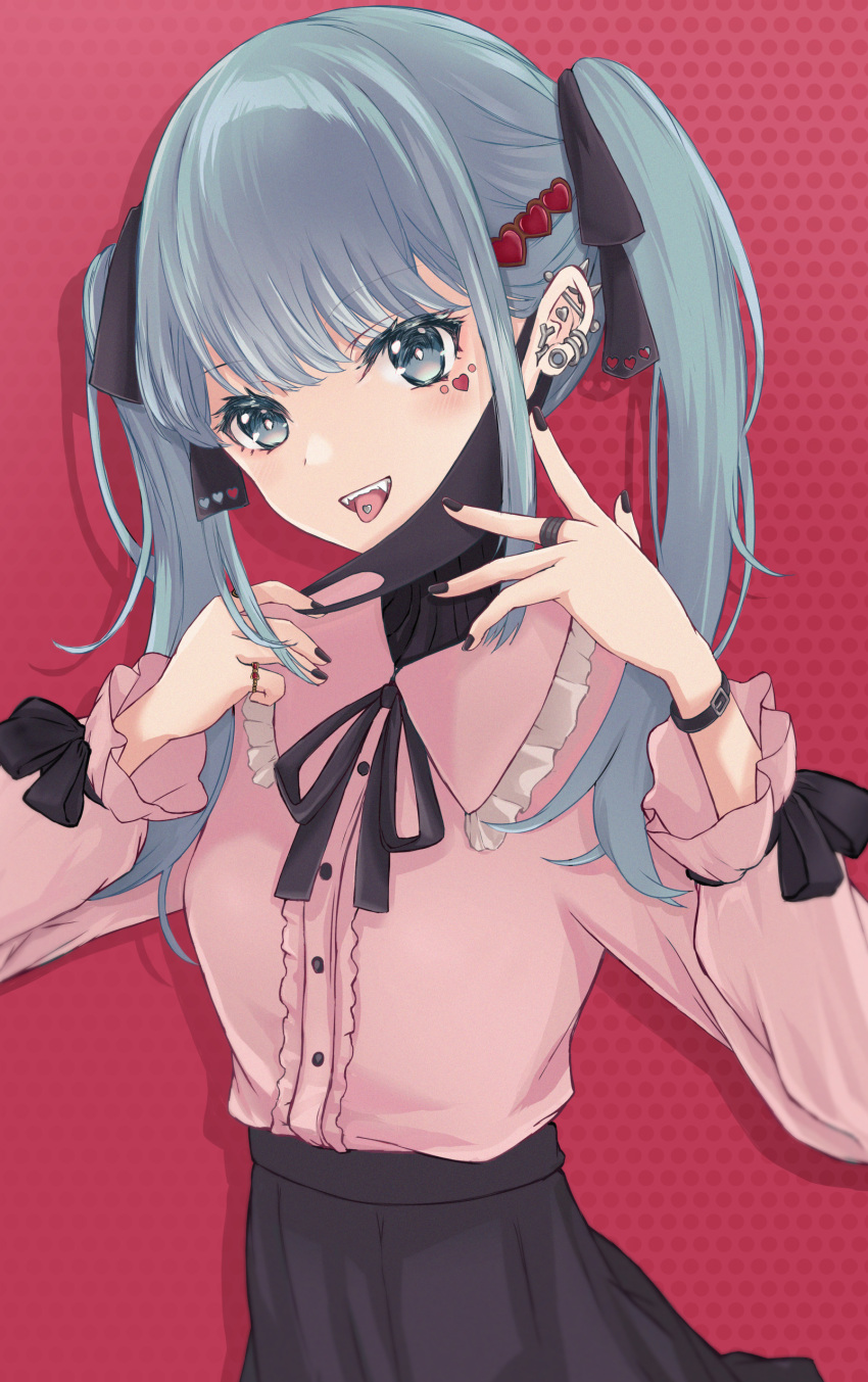 1girl absurdres bangs black_mask black_nails black_ribbon black_skirt blunt_bangs commentary_request cowboy_shot ear_piercing earrings eyebrows_behind_hair fangs frilled_shirt frills grey_eyes hair_ornament hair_ribbon hatsune_miku heart heart_hair_ornament heart_tattoo highres jewelry long_hair long_skirt looking_at_viewer mask mask_pull mouth_mask multiple_rings open_mouth piercing pink_shirt polka_dot polka_dot_background red_background ribbon ring shirt silver_hair skirt smile solo standing tattoo tongue_piercing twintails vampire_(vocaloid) vocaloid yuzuaji