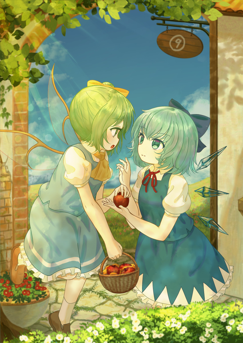 2girls absurdres apple basket blue_bow blue_dress blue_hair blue_sky bow cirno daiyousei day dress ekaapetto eye_contact fairy_wings flower food fruit grass green_eyes green_hair hair_bow highres holding holding_food holding_fruit ice ice_wings looking_at_another multiple_girls open_mouth outdoors pinafore_dress profile puffy_short_sleeves puffy_sleeves shirt shoes short_hair short_sleeves sky standing sunflower touhou white_shirt wings