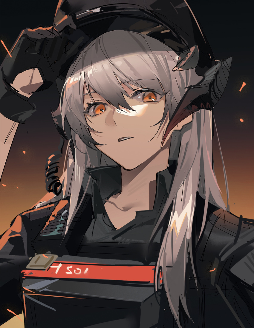 1girl adjusting_clothes adjusting_headwear arknights black_background black_gloves black_headwear black_shirt chinese_commentary collared_shirt commentary_request cuffs dragon_horns eyebrows_visible_through_hair eyes_visible_through_hair gloves gradient gradient_background grey_hair handcuffs hat highres horns id_card jewelry looking_at_viewer official_alternate_costume orange_background orange_eyes parted_lips plate_carrier police police_hat police_uniform saria_(arknights) saria_(the_law)_(arknights) shirt sleeves_folded_up solo uniform upper_body walkie-talkie yeyuanqianqianqian