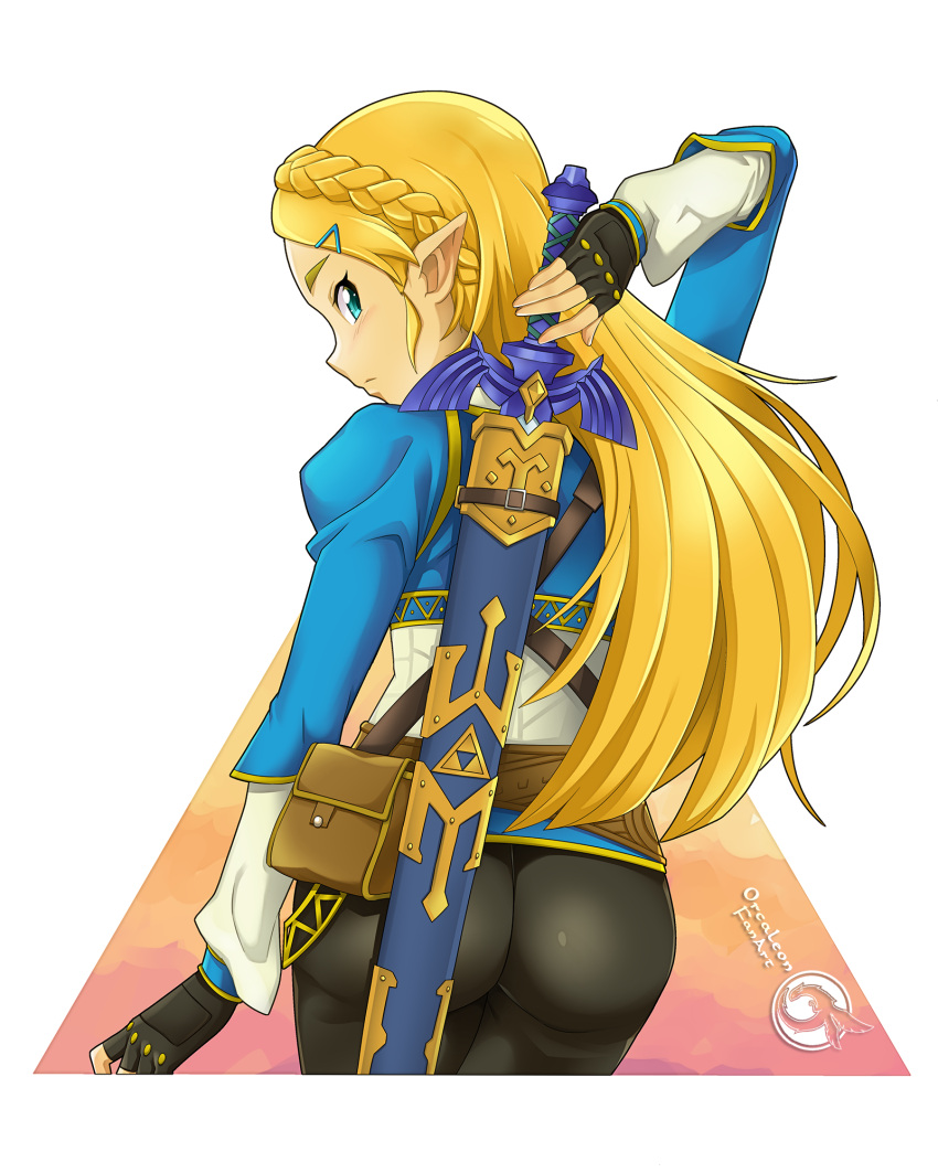 1girl aqua_eyes ass belt_pouch black_gloves black_legwear blonde_hair blue_tunic blush braid corset crown_braid fingerless_gloves from_behind gloves hair_ornament hairclip highres long_hair looking_back master_sword orcaleon pants pointy_ears pouch princess_zelda sheath sheathed solo sword the_legend_of_zelda the_legend_of_zelda:_breath_of_the_wild thick_eyebrows tight tight_pants transparent_border triforce weapon weapon_on_back