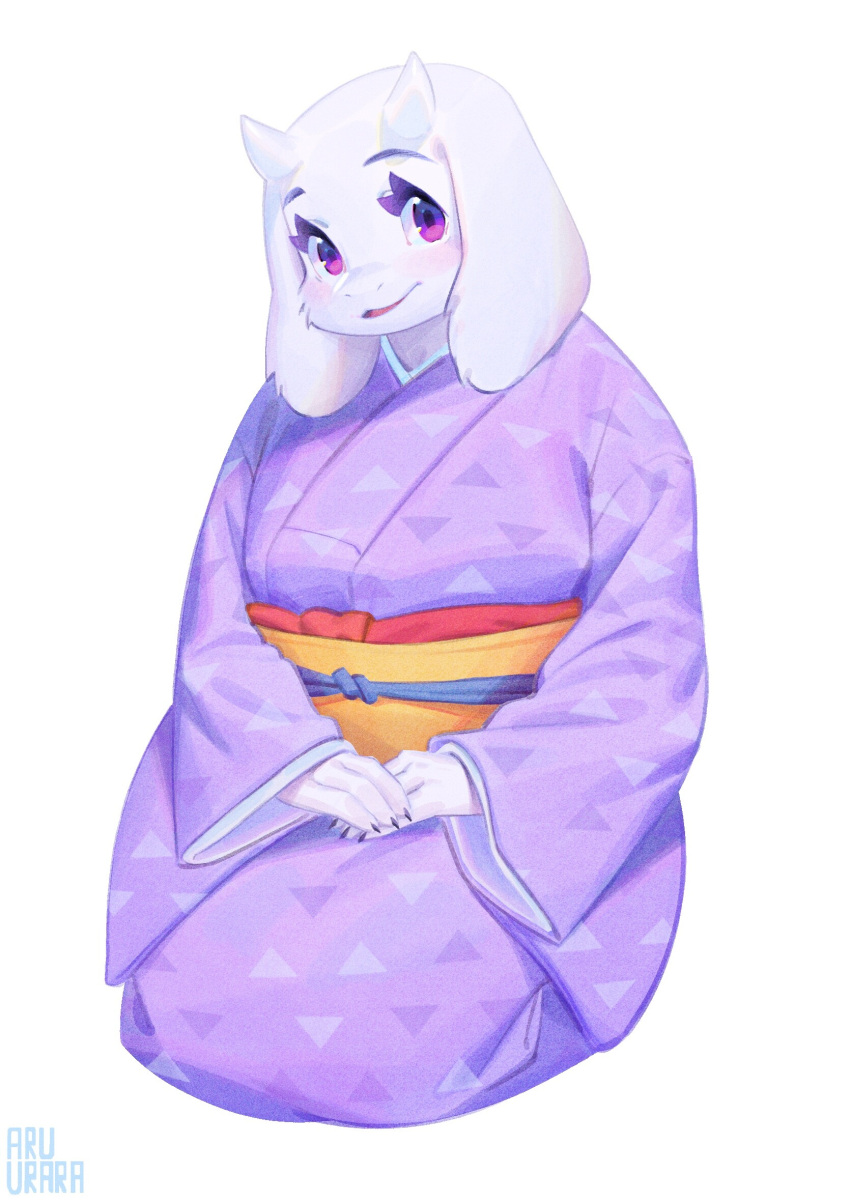 1girl animal_ears artist_name blush colored_eyelashes eyelashes full_body furry goat_ears goat_horns hands_together highres horns inuki_(aruurara) japanese_clothes kimono kneeling looking_at_viewer simple_background smile solo toriel undertale violet_eyes white_fur