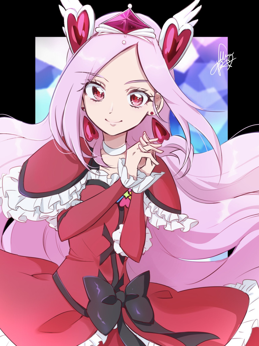 1girl artist_name black_bow bow choker cure_passion detached_sleeves dress earrings eyelashes fpminnie1 fresh_precure! frilled_dress frills hair_ornament happy heart heart_earrings heart_hair_ornament higashi_setsuna highres jewelry long_hair looking_at_viewer magical_girl pink_hair precure red_dress red_eyes signature sketch smile solo white_choker