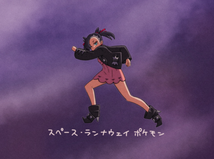 1girl ankle_boots asymmetrical_bangs bangs black_footwear black_hair black_jacket boots commentary_request dress full_body green_eyes hair_ribbon hand_up hiva+ jacket legs_apart long_sleeves looking_back marnie_(pokemon) open_clothes open_jacket pink_dress pokemon pokemon_(game) pokemon_swsh purple_background red_ribbon ribbon solo standing translation_request