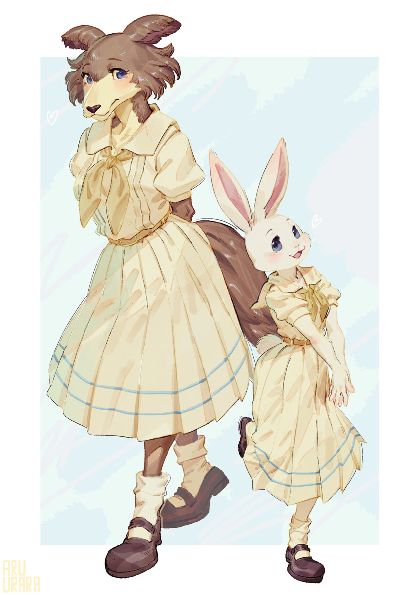 2girls animal_ears arms_behind_back artist_name beastars blue_eyes blush bow collared_dress dress eyelashes floppy_ears frills full_body fur furry hands_together haru_(beastars) highres inuki_(aruurara) juno_(beastars) looking_at_viewer mary_janes matching_outfit multiple_girls muzzle open_mouth pointy_ears rabbit_girl ribbon shoes signature smile socks wolf_girl