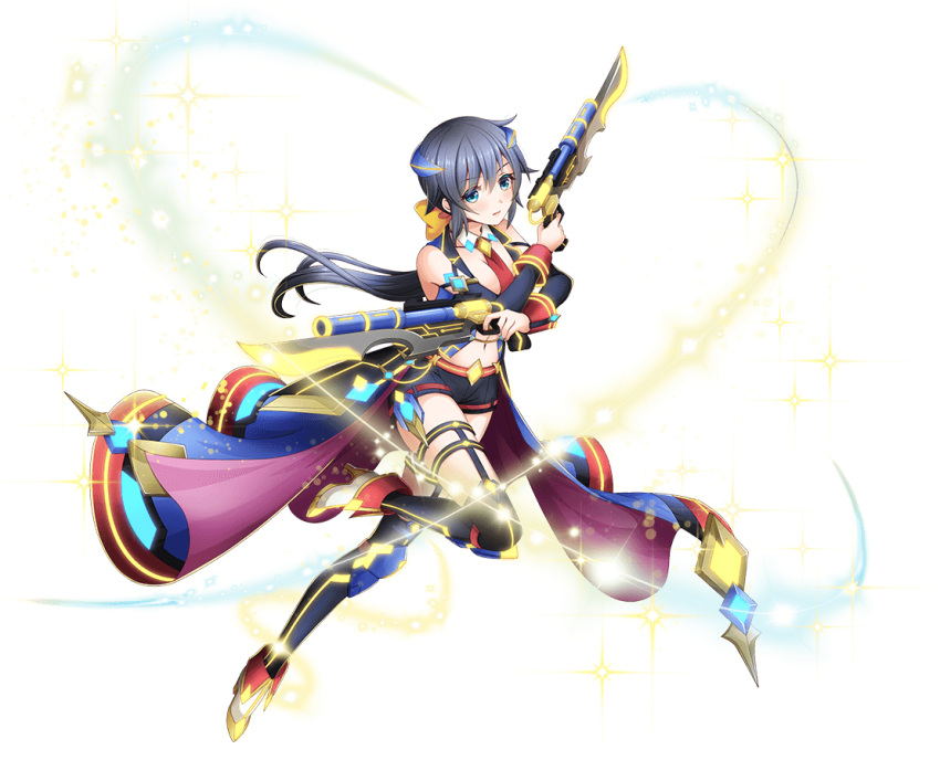 1girl bangs between_breasts black_legwear black_shorts blue_eyes blue_sleeves bow breasts detached_collar detached_sleeves dual_wielding floating_hair full_body game_cg garter_straps gun hair_between_eyes hair_bow high_heels holding holding_gun holding_weapon leg_up long_hair long_sleeves low_ponytail medium_breasts midriff necktie necktie_between_breasts official_art red_neckwear saliva shiny shiny_hair short_shorts shorts silver_hair solo sora_no_kanata_no_dystopia_x_shitei stomach thigh-highs thigh_strap transparent_background very_long_hair waist_cape weapon yellow_bow
