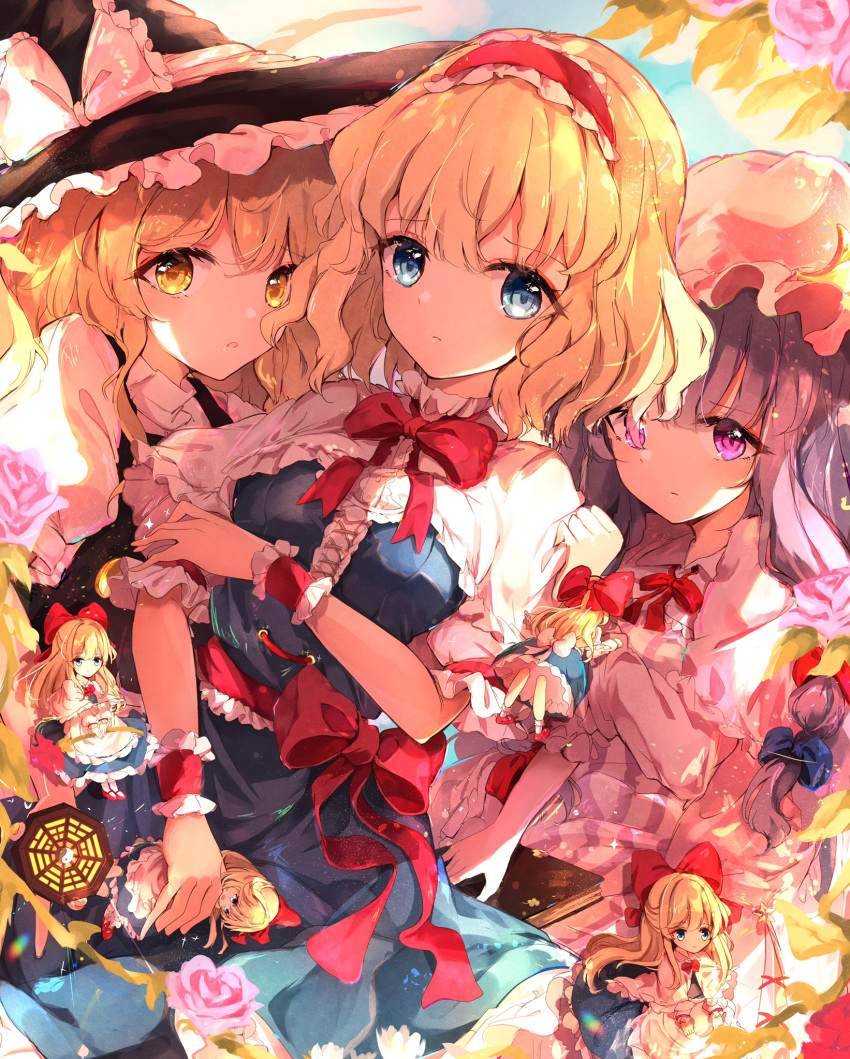 3girls alice_margatroid bangs belt black_dress black_headwear blonde_hair blue_dress blue_eyes blue_sky book bow breasts buttons cape closed_mouth collar crescent crescent_hat_ornament doll dress eyebrows_visible_through_hair eyes_visible_through_hair flower frills hair_between_eyes hairband hand_on_another's_arm hand_up hat hat_bow hat_ornament highres hunya kirisame_marisa leaf light long_hair long_sleeves looking_at_viewer medium_breasts multiple_girls open_mouth patchouli_knowledge pink_cape pink_collar pink_dress pink_eyes pink_flower pink_headwear pink_sleeves puffy_short_sleeves puffy_sleeves purple_dress purple_hair red_belt red_bow red_flower red_footwear red_hairband red_neckwear shadow shanghai_doll shoes short_hair short_sleeves sky socks striped striped_dress sunlight touhou white_bow white_cape white_collar white_legwear white_sleeves witch_hat wrist_cuffs yellow_eyes