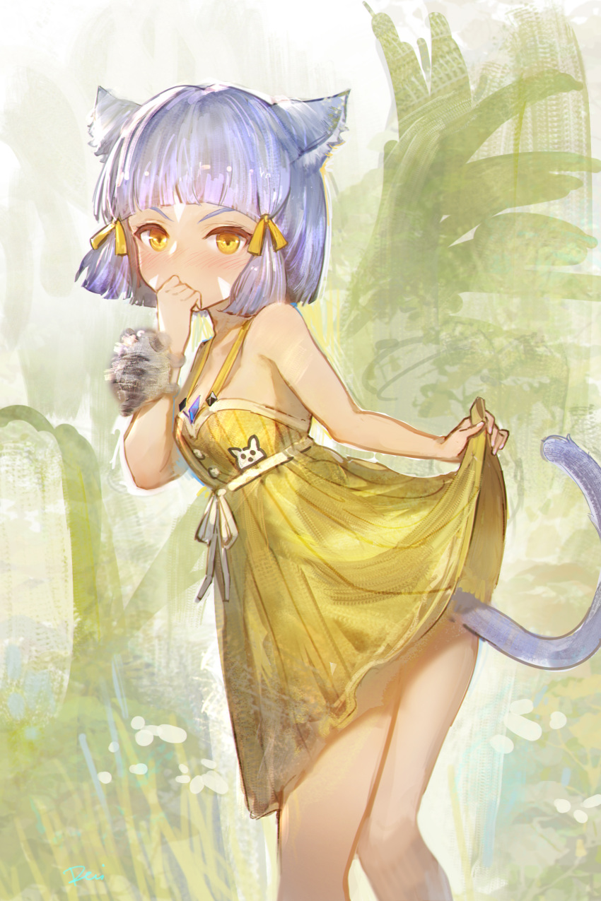 1girl absurdres animal_ears bangs blunt_bangs breasts cat_ears chest_jewel daible dress_swimsuit highres nia_(fancy_sundress)_(xenoblade) nia_(xenoblade) short_hair silver_hair small_breasts solo swimsuit xenoblade_chronicles_(series) xenoblade_chronicles_2 yellow_eyes yellow_swimsuit
