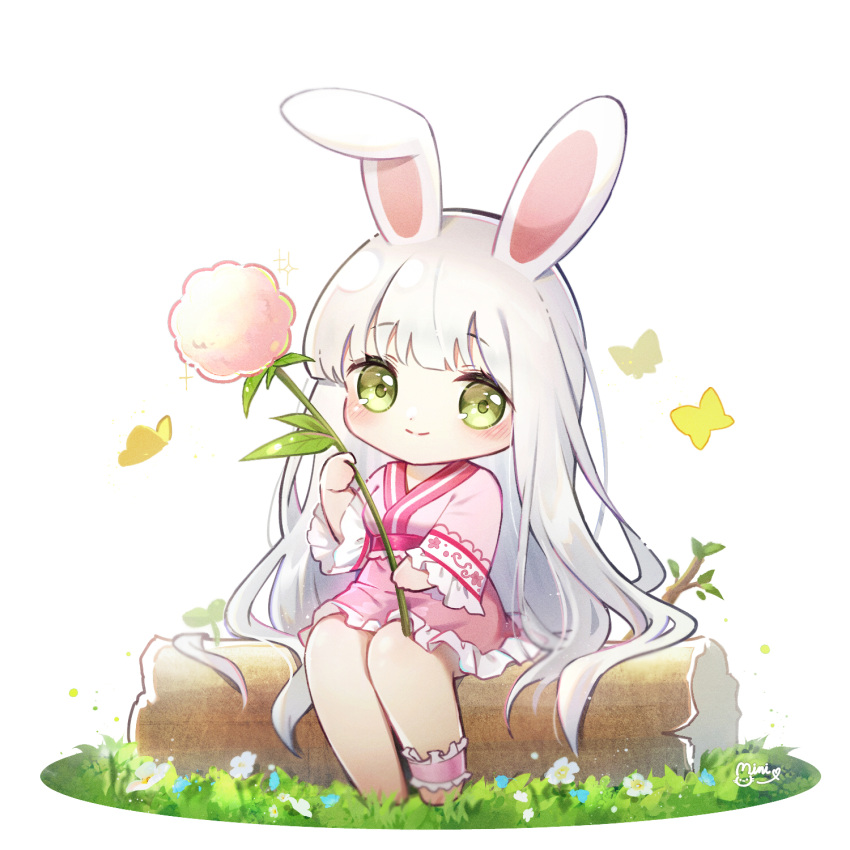 1girl animal animal_ears bangs barefoot blush bug butterfly chibi closed_mouth commentary_request commission danby_merong eyebrows_visible_through_hair frilled_skirt frilled_sleeves frills full_body green_eyes grey_hair highres insect log long_hair long_sleeves looking_at_viewer original pink_skirt rabbit_ears signature sitting skirt smile solo very_long_hair white_background wide_sleeves