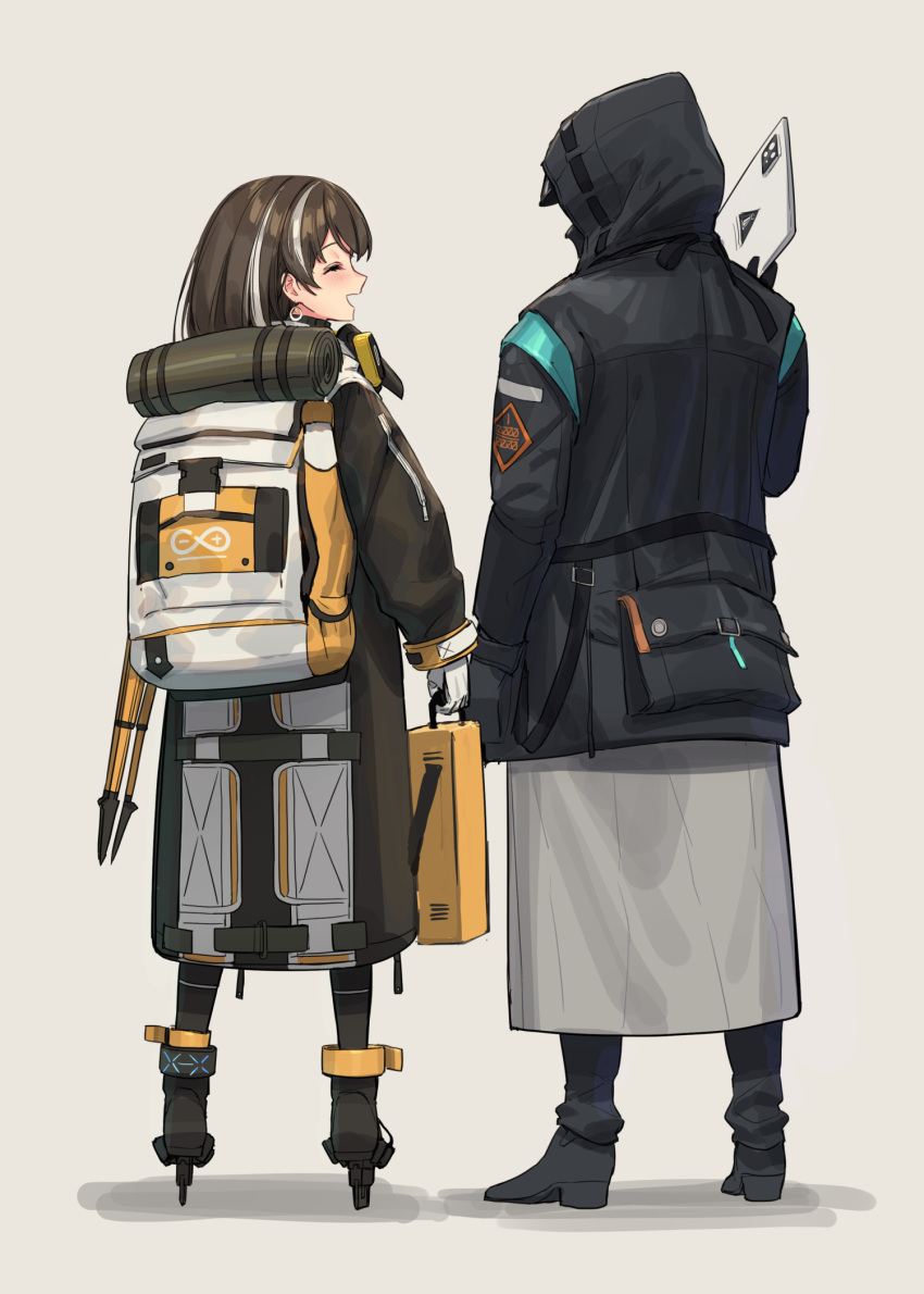 1girl 1other arknights back backpack bag beak_mask black_coat black_footwear black_pants blush brown_coat brown_hair closed_eyes coat commentary doctor_(arknights) earrings from_behind full_body gloves grey_background highres holding holding_tablet_pc hood hood_up hooded_coat infection_monitor_(arknights) jewelry magallan_(arknights) mask mask_around_neck multicolored_hair open_mouth pants rhine_lab_logo shadow shoes short_hair sigm@ silver_hair simple_background skates smile standing streaked_hair tablet_pc tripod two-tone_hair white_gloves winter_clothes