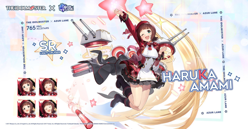 1girl amami_haruka arm_up artist_request azur_lane black_footwear boots brown_hair corset dress expressions green_eyes hat highres idolmaster idolmaster_(classic) looking_at_viewer official_art one_eye_closed open_mouth promotional_art red_headwear ribbon rigging short_hair torpedo turret