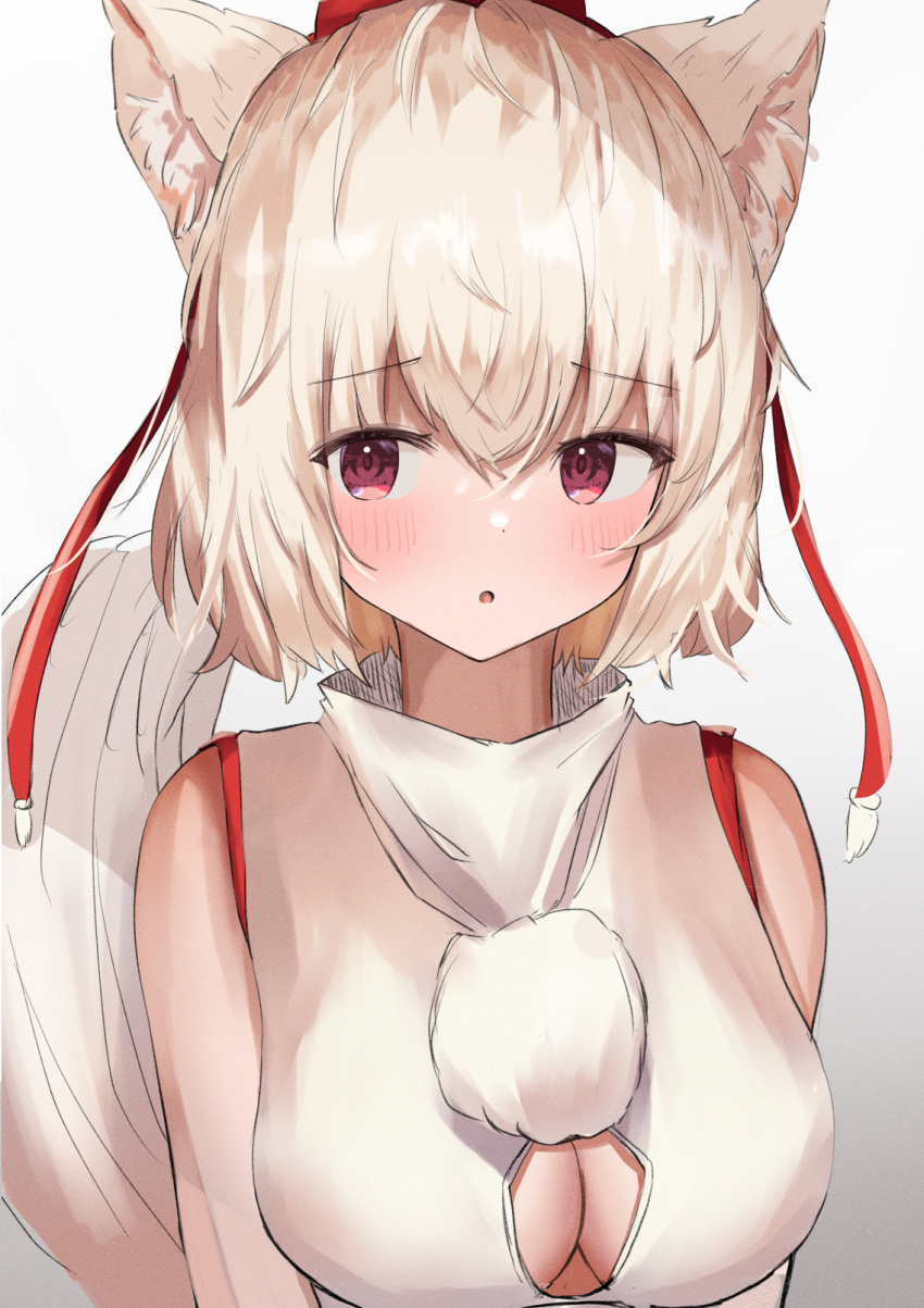 1girl :o animal_ear_fluff animal_ears aohane bare_shoulders blush breasts cleavage_cutout clothing_cutout hat highres inubashiri_momiji large_breasts looking_to_the_side open_mouth revision simple_background solo tail tokin_hat touhou upper_body violet_eyes white_background wolf_ears wolf_tail