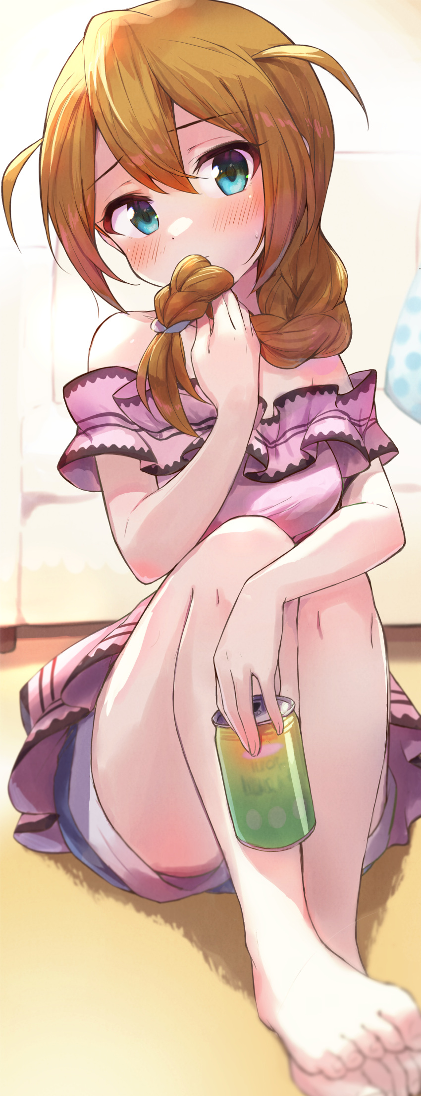 1girl absurdres antenna_hair arm_on_knee baba_konomi bare_legs bare_shoulders barefoot beer_can blush braid brown_hair can couch denim denim_shorts eyebrows_visible_through_hair full_body head_tilt highres holding holding_can holding_hair idolmaster idolmaster_million_live! idolmaster_million_live!_theater_days looking_at_viewer off-shoulder_shirt off_shoulder shirt short_shorts shorts shuucream_(syuichi) side_braid sitting solo sweatdrop thighs toes