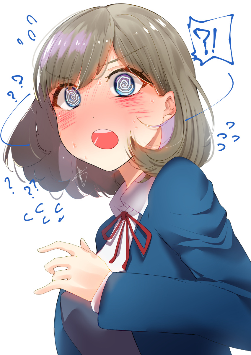 !? 1girl ? @_@ absurdres bangs birthday blazer blue_eyes blush breasts commentary_request confused eyebrows_visible_through_hair grey_hair highres jacket long_sleeves love_live! love_live!_superstar!! medium_breasts school_uniform short_hair solo speech_bubble tang_keke upper_body yaa-kun yuigaoka_school_uniform