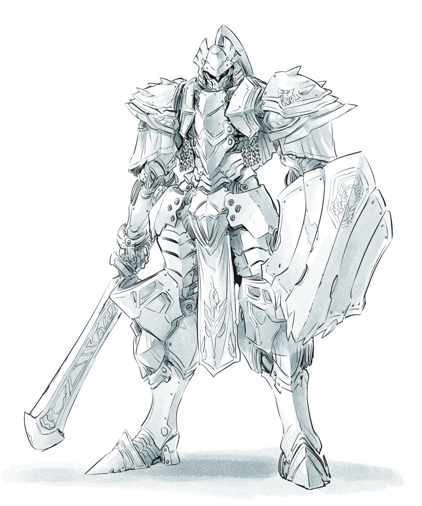 absurdres armor chainmail commentary_request full_body greaves green_eyes helmet highres holding holding_shield holding_sword holding_weapon ishiyumi knight's_&amp;_magic mecha mecha_request no_humans pauldrons shield shoulder_armor shoulder_spikes spikes sword weapon white_background