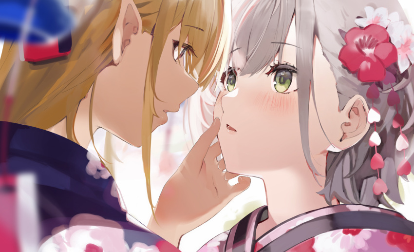 2girls bangs blonde_hair blush bow brown_eyes commentary dark-skinned_female dark_skin eye_contact face face-to-face flower green_eyes grey_hair hair_bow hair_flower hair_ornament hand_on_another's_face highres hololive japanese_clothes kimono looking_at_another multiple_girls niii_(memstapak) parted_lips pointy_ears red_flower shiranui_flare shirogane_noel virtual_youtuber white_flower yukata yuri