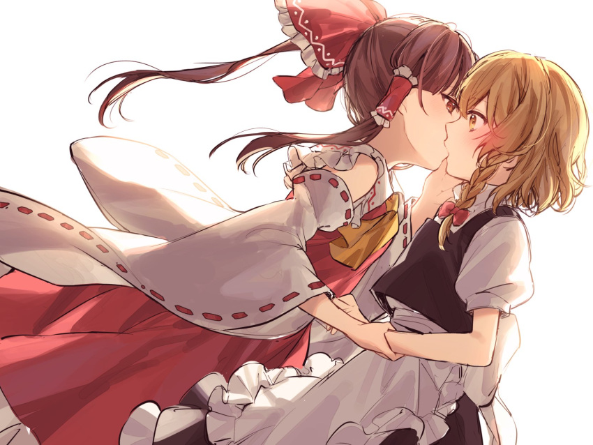 2girls apron bangs bare_shoulders black_skirt black_vest blonde_hair blush bow braid brown_eyes brown_hair collar detached_sleeves dress eyebrows_visible_through_hair frills hair_bow hair_tubes hakurei_reimu hand_on_another's_arm hand_on_another's_face hands_up highres holding jill_07km kirisame_marisa kiss light long_sleeves looking_at_another multiple_girls no_hat no_headwear ponytail puffy_short_sleeves puffy_sleeves red_bow red_dress shadow shirt short_hair short_sleeves simple_background single_braid skirt standing touhou vest white_apron white_background white_bow white_collar white_shirt white_sleeves yellow_eyes yellow_neckwear yuri