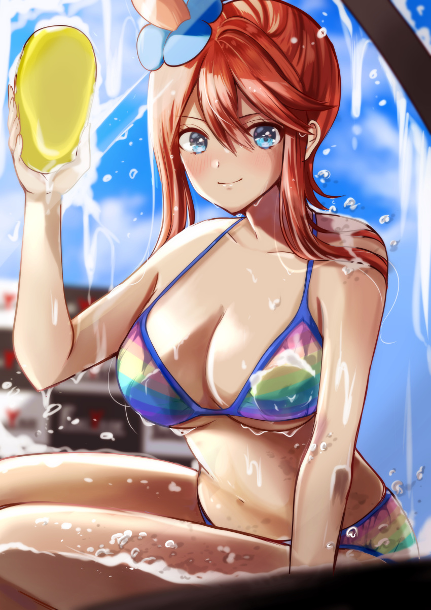 1girl absurdres against_glass bangs bikini blue_eyes blue_sky blush breasts car car_wash closed_mouth clouds collarbone day ground_vehicle hair_ornament hair_over_shoulder hair_scrunchie highres holding large_breasts light_smile long_hair looking_at_viewer motor_vehicle multicolored multicolored_bikini multicolored_clothes navel on_vehicle pokemon pokemon_(game) pokemon_bw pov rainbow_bikini redhead sawayaka_minami scrunchie sitting sky skyla_(pokemon) soap soap_bubbles solo strap_gap swimsuit tan thighs through_window vehicle water water_drop wet