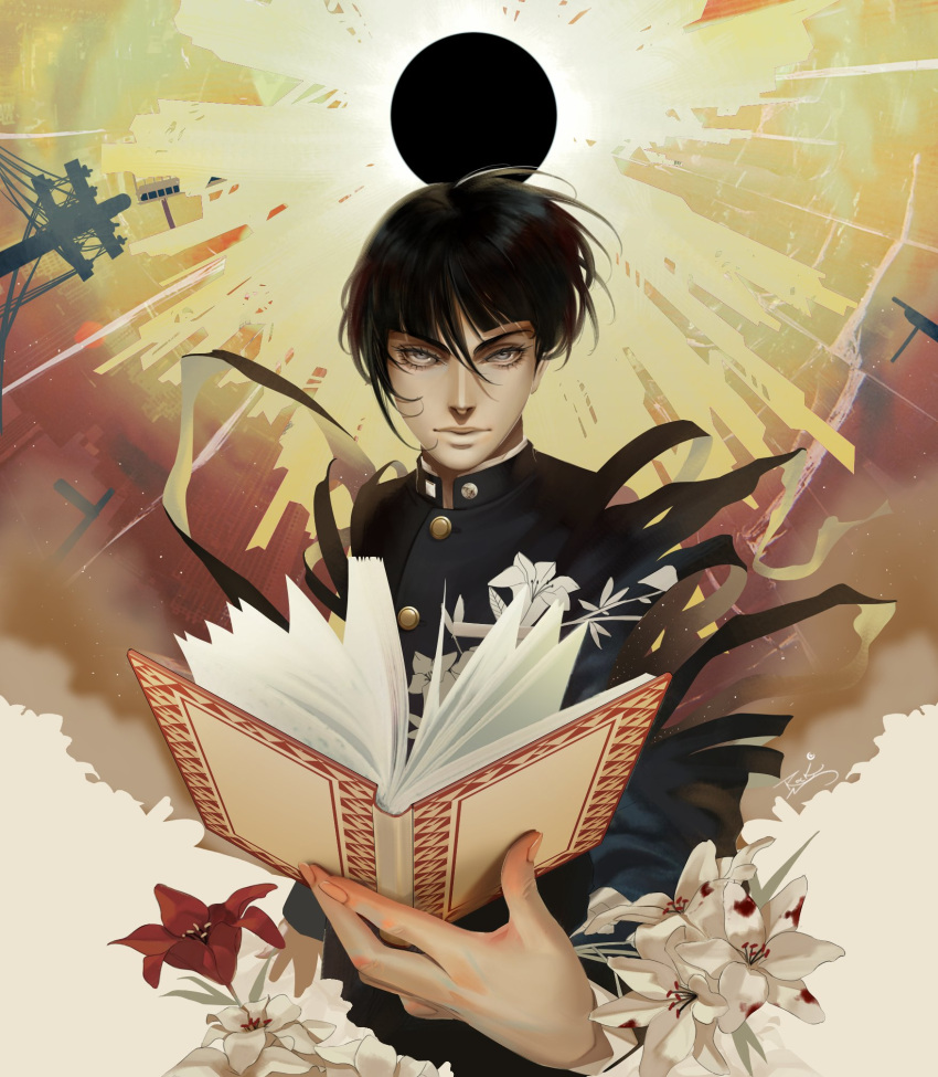 1boy androgynous artist_request black_hair bowl_cut collarbone eyelashes highres looking_at_viewer male_focus megami_tensei protagonist_(smtv) school_uniform shin_megami_tensei shin_megami_tensei_v short_hair simple_background solo