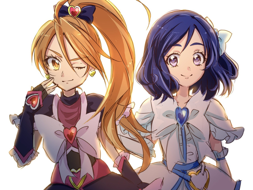 2girls ahoge alternate_hair_length alternate_hairstyle arm_warmers asymmetrical_hair belt black_gloves black_shirt blue_hair bow commentary_request cure_black cure_white detached_sleeves dress earrings eyelashes fingerless_gloves fpminnie1 futari_wa_precure futari_wa_precure_max_heart gloves hair_bow hair_ornament hair_ribbon happy heart heart_belt heart_earrings highres jewelry long_hair looking_at_viewer magical_girl misumi_nagisa multiple_girls one_eye_closed orange_eyes orange_hair ponytail precure ribbon shirt short_hair side_ponytail simple_background sketch smile standing violet_eyes white_background white_dress white_gloves yukishiro_honoka