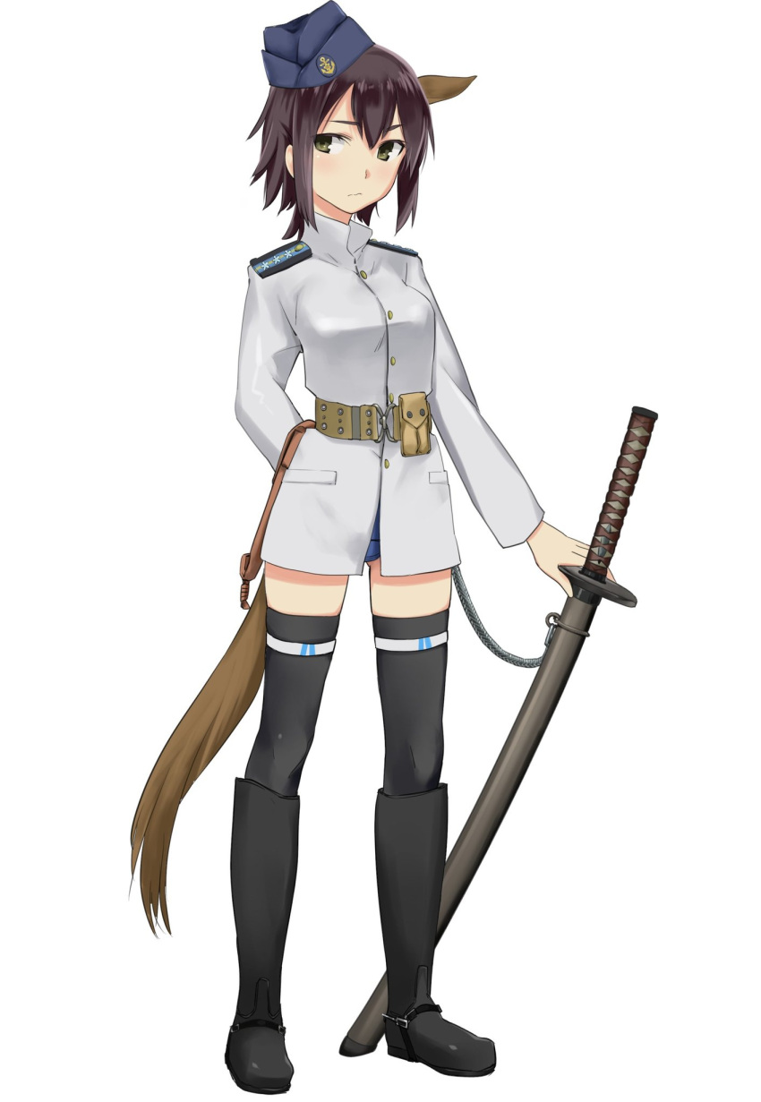 1girl animal_ears aohashi_ame arm_behind_back bangs belt black_eyes black_hair black_legwear blue_headwear boots brown_belt commentary_request epaulettes frown full_body garrison_cap hat highres holster horse_ears horse_tail jacket katana knee_boots long_hair long_sleeves looking_at_viewer military military_hat military_uniform no_pants original pouch sheath sheathed short_hair simple_background solo standing swimsuit swimsuit_under_clothes sword tail thigh-highs tilted_headwear uniform weapon white_background white_jacket world_witches_series
