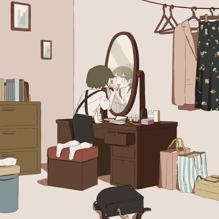 1boy absurdres applying_makeup avogado6 backpack bag black_shorts book cabinet clothes_hanger commentary_request cosmetics desk highres kneeling lipstick makeup mirror original parted_lips randoseru shirt short_sleeves shorts smile solo suspender_shorts suspenders tissue_box white_shirt