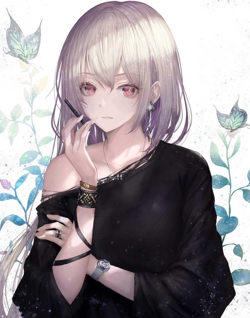 1girl absurdres bangs black_dress bug butterfly closed_mouth collarbone dress earrings hair_between_eyes highres holding insect jewelry long_hair necklace off_shoulder original red_eyes ring silver_hair solo straight_hair tachikawa_mushimaro upper_body watch watch white_background