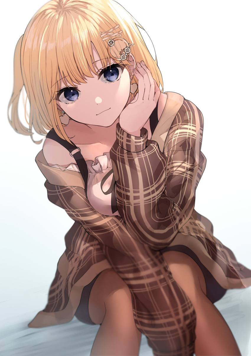 1girl black_skirt blonde_hair blue_eyes breasts earrings frilled_shirt frills hair_ornament hairclip heart heart_earrings highres hololive hololive_english itagaku jewelry looking_at_viewer medium_breasts medium_hair off_shoulder pantyhose plaid_coat shirt side_ponytail simple_background skirt virtual_youtuber watson_amelia white_background