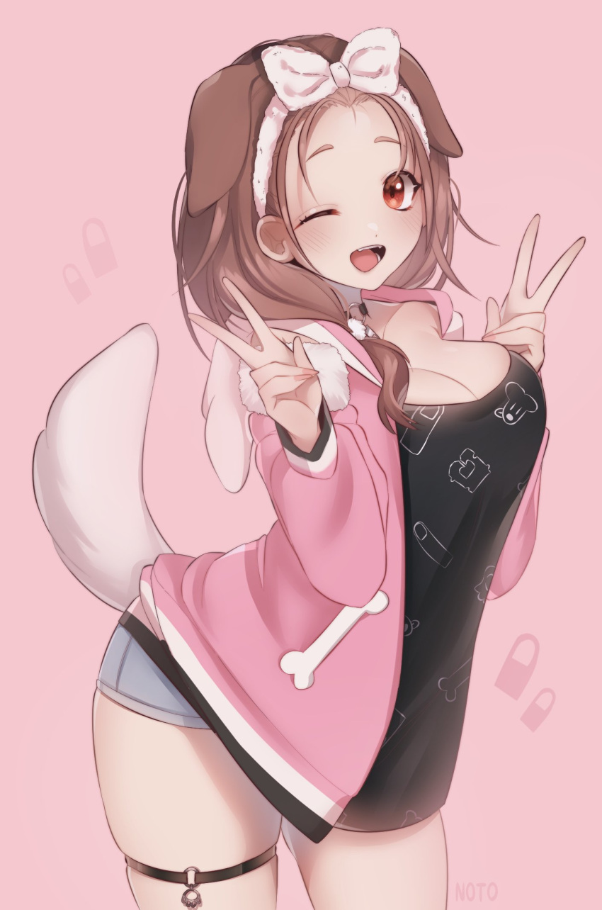 1girl ;d animal_ears artist_name black_camisole blue_shorts blush bone_print bow bow_hairband breasts brown_eyes brown_hair camisole collar commentary_request cropped_legs denim denim_shorts dog_ears dog_girl dog_tail double_v hairband hands_up highres hololive hood hoodie inugami_korone leg_garter medium_breasts medium_hair mixed-language_commentary noto_hams one_eye_closed open_mouth pink_background pink_hoodie shorts simple_background smile solo standing tail teeth thighs v white_bow white_tail