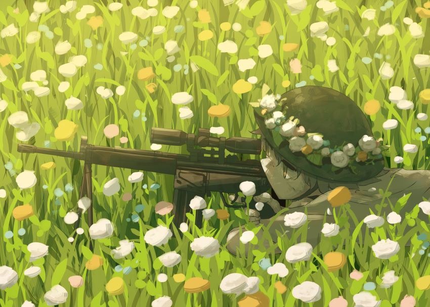 1boy absurdres aiming avogado6 commentary_request field flower flower_field from_side grass grey_shirt gun head_wreath helmet highres holding holding_gun holding_weapon lying on_stomach original rifle scope shirt sniper_rifle solo weapon