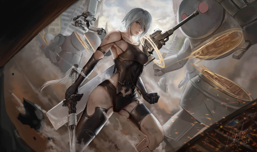 1girl absurdres android arm_strap armlet bare_shoulders black_gloves black_legwear breasts closed_mouth dated detached_sleeves elbow_gloves english_commentary gloves grey_eyes hair_between_eyes highres holding holding_sword holding_weapon joints katana looking_at_viewer machine_(nier) medium_breasts meister_staze micro_shorts mole mole_under_mouth nier_(series) nier_automata pod_(nier_automata) robot_joints short_hair shorts signature silver_hair sword type-4o_blade virtuous_contract weapon yorha_type_a_no._2