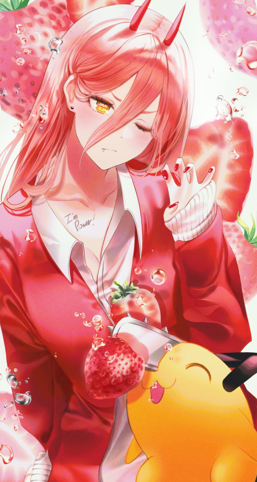 1girl arm_behind_back chainsaw_man collarbone collared_shirt dress_shirt earrings fang fang_out food fruit highres horns isobe47 jacket jewelry long_hair long_sleeves nail_polish one_eye_closed pink_hair pochita_(chainsaw_man) power_(chainsaw_man) red_jacket red_nails shirt sitting strawberry white_shirt wing_collar yellow_eyes